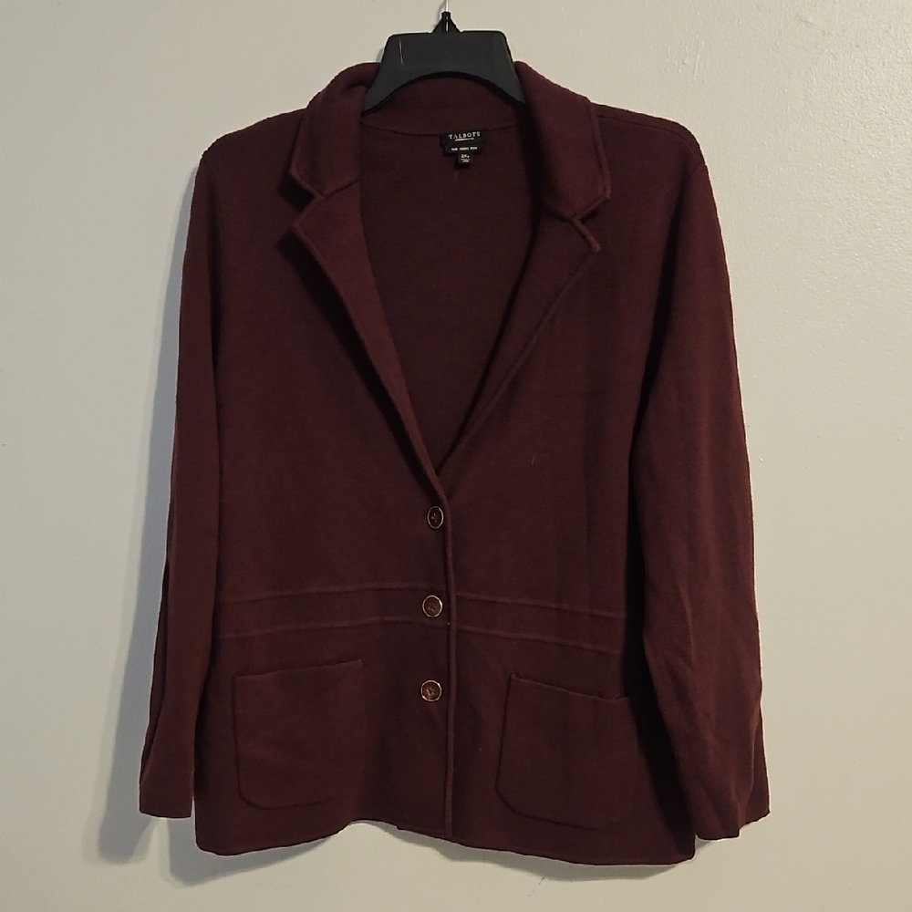 Talbots Women's Burgundy Merino Wool Sweater Blazer. Size 2XP
